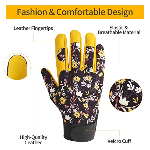 Norala Gardening Gloves for Women,Breathable Leather Daisy Flower Work Gloves with Velcro Cuff Thorn Proof Gloves for Yard/Garden