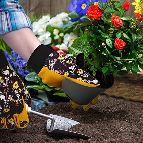 Norala Gardening Gloves for Women,Breathable Leather Daisy Flower Work Gloves with Velcro Cuff Thorn Proof Gloves for Yard/Garden