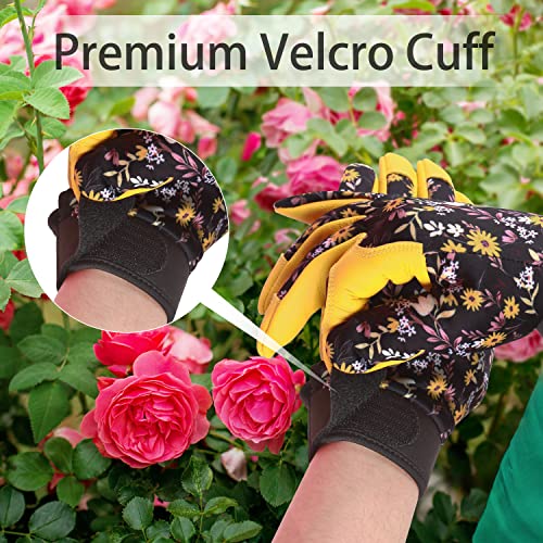 Norala Gardening Gloves for Women,Breathable Leather Daisy Flower Work Gloves with Velcro Cuff Thorn Proof Gloves for Yard/Garden