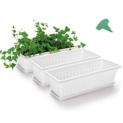 GROWNEER 3 Packs 17 Inches White Flower Window Box Plastic Vegetable Planters with 15 Pcs Plant Labels, for Windowsill, Patio, Garden, Home Décor, Porch