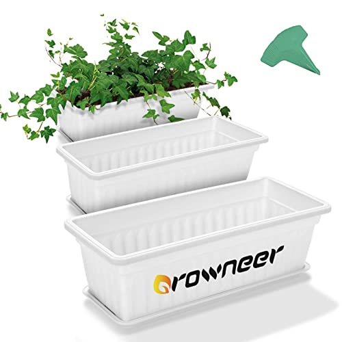 GROWNEER 3 Packs 17 Inches White Flower Window Box Plastic Vegetable Planters with 15 Pcs Plant Labels, for Windowsill, Patio, Garden, Home Décor, Porch