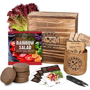 indoor garden vegetable seed starter kit – rainbow salad grow kit, non gmo heirloom seeds for planting, wood planter box, soil, pots, plant markers, diy home gardening gifts for plant lovers