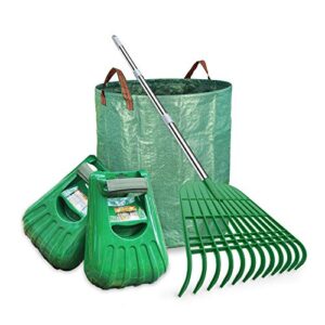 gardzen large leaf scoop & 12 tines gardening leaf rake set, comes with 72 gallon garden bag