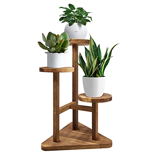 GEEBOBO 3 Tier Plant Stand, Tall Wood Plant Shelf Holder for Indoor Plants, Outdoor Garden Plant Display Rack Flower Pot Stand for Corner Living Room Balcony Garden Patio, Nature,V3( No Wheels