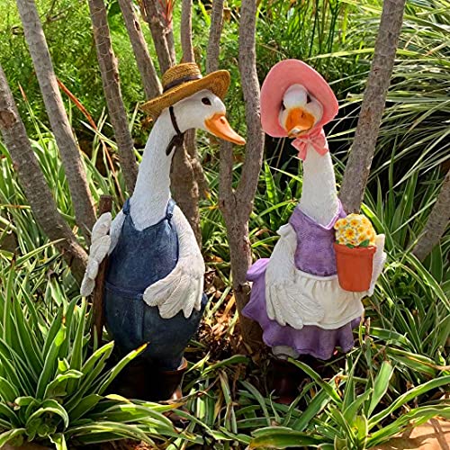 iRonrain Garden Statues Gardener Couple Duck, Indoor Outdoor Decorations Cute Ducks Art Décor Goose Figurine Ornament for Yard Home Garden Patio and Office (Female)