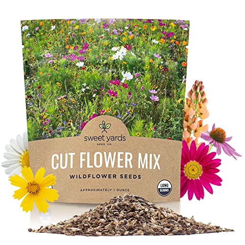 Sweet Yards Seed Co. Cut Flower Garden Seeds - Extra Large 1 Ounce Packet - Over 7,500 Fresh Open Pollinated Non-GMO Wildflower Seeds - Long Lasting Annuals and Perennials with Bright Colors