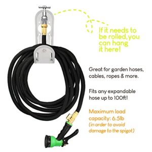 Expandable Hose Hanger - Spigot or Wall Mount, Holder for Up to 100 Feet Expandable Garden Hose, Max Load Capacity 6.5 Pounds, Size 10.6 x 5.9 x 3.7 Inches, Weight 0.6 Pounds, Premium Stainless Steel