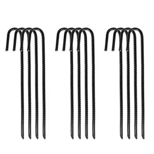 qjl 12 inch rebar stakes, 8 pack heavy duty j hook galvanized ground stakes, metal steel tent stakes ground anchors