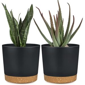plant pots for indoor plants 6.5 inch, plastic flower pots with drainage holes and saucers home garden outdoor decorative black modern house planters for herbs/aloes/succulents planting 2 pack