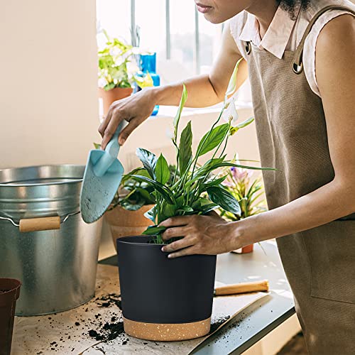 Plant Pots for Indoor Plants 6.5 Inch, Plastic Flower Pots with Drainage Holes and Saucers Home Garden Outdoor Decorative Black Modern House Planters for Herbs/Aloes/Succulents Planting 2 Pack