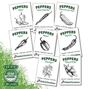 hot pepper seeds – organic heirloom chili seed variety pack for planting – cayenne, jalapeno, habanero, poblano, and more