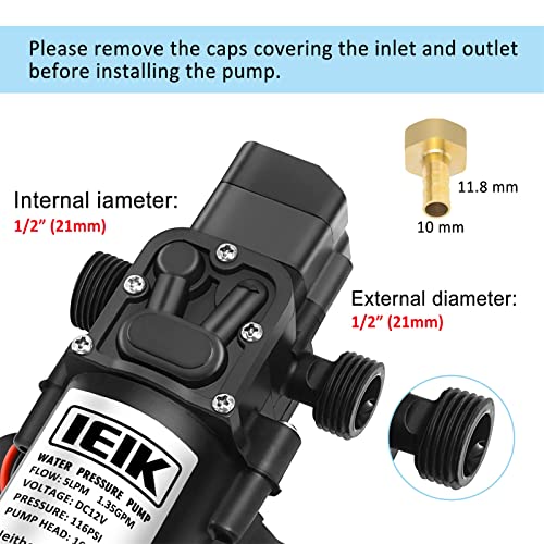 IEIK Water Pressure Diaphragm Pump DC 12V Pressure Switch Sprayer Pump 5LPM 1.35 GPM 116PSI 165ft Self Priming Pump for Caravan RV Boat Marine Agricultural Spraying Port