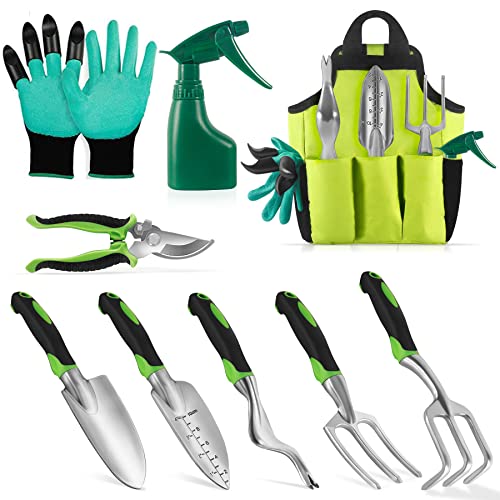 Gardening Tools,Garden Tools Set 9 Piece, Aluminum Garden Hand Tools Set Heavy Duty, Ideal Garden Tool Kit Gifts for Women, Outdoor Hand Tools with Garden Gloves,Trowel and Organizer Tote Bag