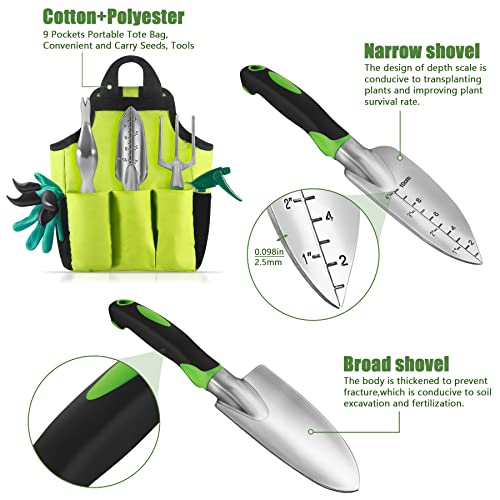 Gardening Tools,Garden Tools Set 9 Piece, Aluminum Garden Hand Tools Set Heavy Duty, Ideal Garden Tool Kit Gifts for Women, Outdoor Hand Tools with Garden Gloves,Trowel and Organizer Tote Bag