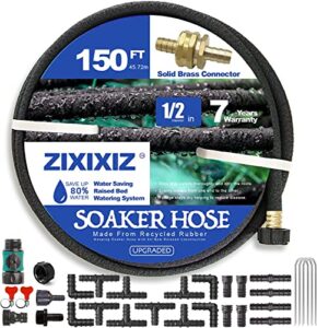 soaker hose 150 ft,heavy duty 1/2″ soaker garden hose with solid brass connector for for garden vegetable beds, tree,lawn and plants