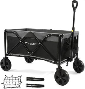 yardsam collapsible folding utility wagon cart outdoor, heavy duty garden cart with all terrain wheels, large capacity foldable beach wagon cart for camping shopping, w/cargo net/straps, black