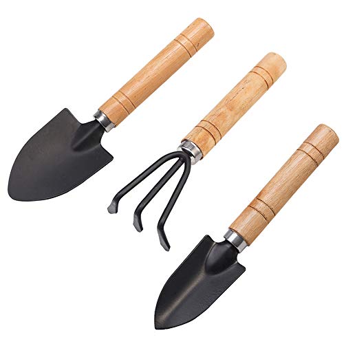 Huture Mini 3pcs Durable Spade Shovel Rake for Plant Potted Flowers Seedlings Loose Soil Erramientas Bonsai Wooden Handle Perfect Size for Little Hands Light Use Indoor Outdoor Gardening Care Gifts