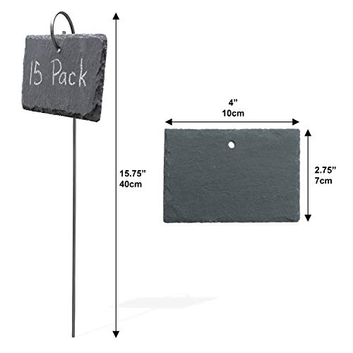 LSP - Products 15 Pack Plant Label Markers, Natural Slate Hanging Garden Markers with 15 Stainless Steel Rods and 2 Pack Soapstone Chalk for Labelling of Plants, Herbs, & Vegetables