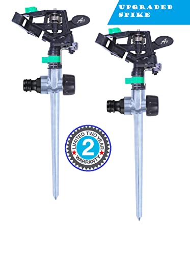 Pulsating, Impact Sprinkler with Stand (Spike) Pack of 2, for Garden Lawn and Yard by APT, Features Stainless Steel Fulcrum Pin Package Includes 2 pcs Hose connectors