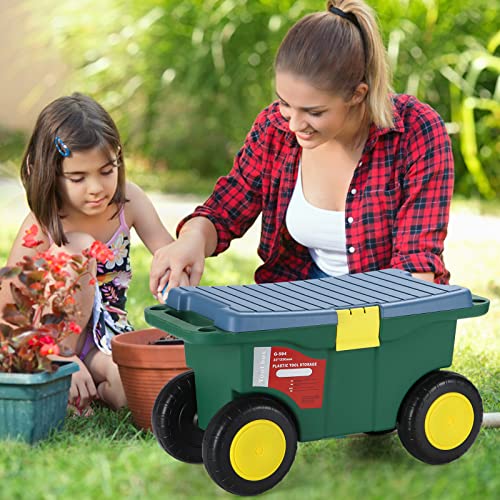 Portable Multi-Function Garden Cart with Seat and Wheels, Gardening Rolling Tool Cart with Storage Bin and Tool Tray, Outdoor Garden Stool and Wagon with Traction Rope for Weeding Gardening Lawn Care