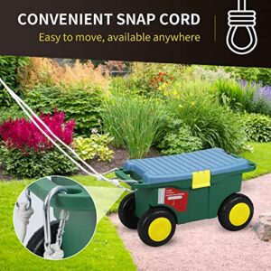 Portable Multi-Function Garden Cart with Seat and Wheels, Gardening Rolling Tool Cart with Storage Bin and Tool Tray, Outdoor Garden Stool and Wagon with Traction Rope for Weeding Gardening Lawn Care