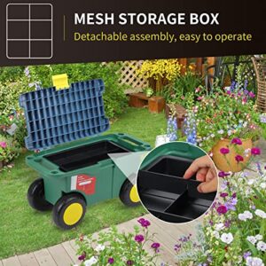 Portable Multi-Function Garden Cart with Seat and Wheels, Gardening Rolling Tool Cart with Storage Bin and Tool Tray, Outdoor Garden Stool and Wagon with Traction Rope for Weeding Gardening Lawn Care