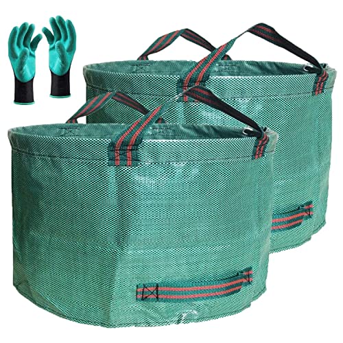 Professional 2-Pack 63 Gallons Lawn Garden Bags Yard Waste Bag (D31, H19 inches) with Gardening Gloves,Standable,Reusable Leaf Grass Bag,Garden Trash Containers,Lawn Yard Waste Bags with 4 Handles