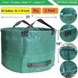 Professional 2-Pack 63 Gallons Lawn Garden Bags Yard Waste Bag (D31, H19 inches) with Gardening Gloves,Standable,Reusable Leaf Grass Bag,Garden Trash Containers,Lawn Yard Waste Bags with 4 Handles