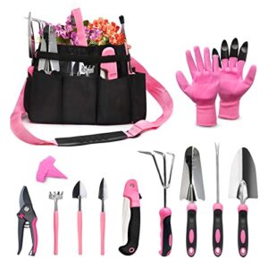 garden tool set, yznlife garden tools set for women, 16 pieces stainless steel heavy duty gardening tools with non-slip rubber grip and garden bag for gardening work