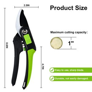 Evcitn 8.6" Garden Pruning Shears(K88), Bypass Pruning Shears with 1 Inch Cutting Capacity, Tree Trimmer, Branch Cutter, Hedge Clippers, Ergonomic Garden Tool, Green