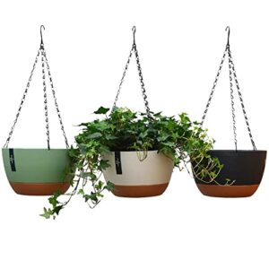 3 pack plastic hanging planters set ,8.3 inch hanging flower plant pot with drainage hole for indoor outdoor plants, round hanging basket with removable tray for home garden porch balcony patio decor