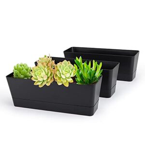 greaner black rectangle window boxes, 3 pack 12×3.8 inch herb planters with tray, indoor succulent cactus mint plastic pot for windowsill, garden balcony, office outdoor decoration