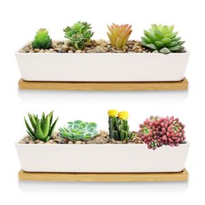 farielyn-x 2 pack white succulent planter pots, 11.1 inch long rectangle ceramic plant container with bamboo saucers, mini flower cactus pot indoor outdoor home garden kitchen decor, plant not include