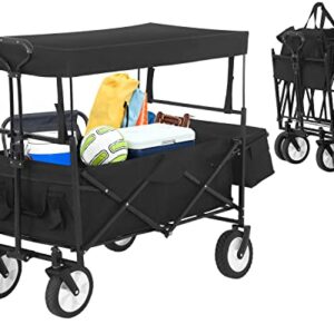 Folding Wagon Collapsible Wagon Garden Cart w/Removable Canopy Universal Wheels for Camping Picnic Outdoor Event,Black