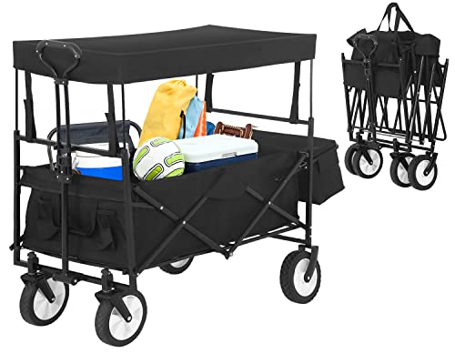 Folding Wagon Collapsible Wagon Garden Cart w/Removable Canopy Universal Wheels for Camping Picnic Outdoor Event,Black