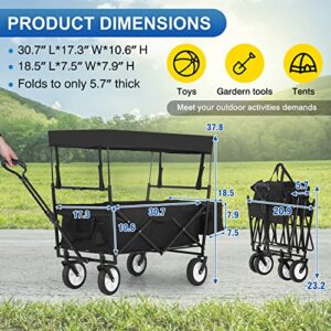 Folding Wagon Collapsible Wagon Garden Cart w/Removable Canopy Universal Wheels for Camping Picnic Outdoor Event,Black