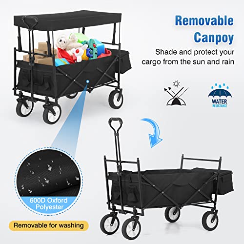 Folding Wagon Collapsible Wagon Garden Cart w/Removable Canopy Universal Wheels for Camping Picnic Outdoor Event,Black