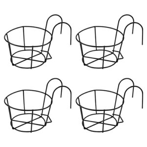 defutay hanging railing planters, 4 pack round flower pot holders,metal pot plant baskets for balcony,garden,indoor & outdoor(black,4 pcs)