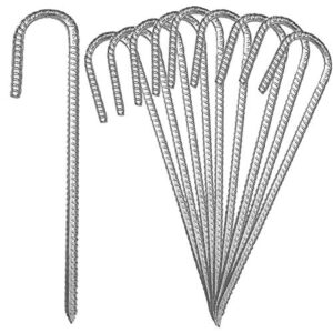 expery 10pack 12” heavy duty j hook ground stakes, galvanized rebar tent stakes, curved steel plant support garden stake, chisel point end stakes for camping tent, swing sets, fence stakes