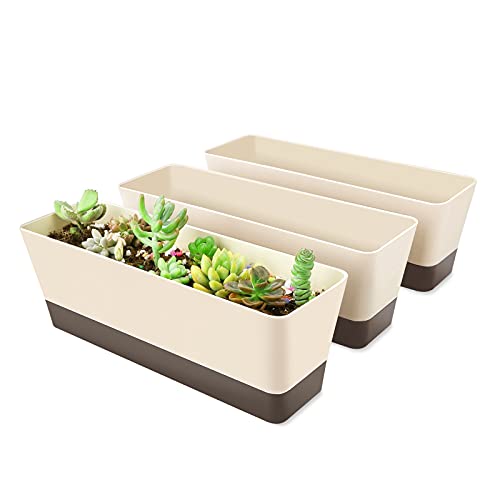 SUREAM 3 Pack Indoor Window Box Planter, 12x3.8 Inch Rectangle Herb Planter with Tray, Modern Small Succulent Cactus Flower Plastic Plant Pot for Window Sill, Garden Balcony, Office Shelf Decoration