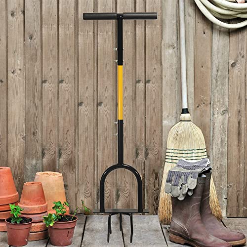 LARNORJE Manual Twist Tiller - Garden Claw Cultivator with Long Handle, Hand Tiller Soil Ripper, Lawn Aerator Weeder for Flower Box and Raised Bed. Black/Yellow