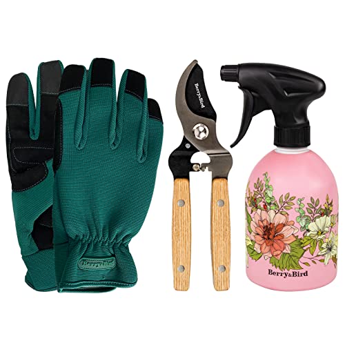 Berry&Bird Garden Tool Set, 3 PCS Gardening Tool Kit Includes Rose Pruning Thorn Proof Gloves, Pruning Shears with Wooden Handle and 17 Oz Pink Spray Bottle for Planting & Pruning Roses, Bonsai