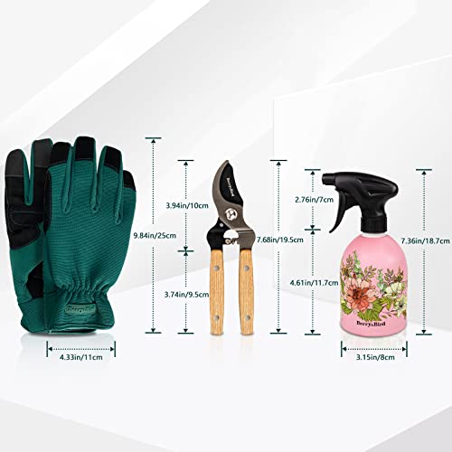 Berry&Bird Garden Tool Set, 3 PCS Gardening Tool Kit Includes Rose Pruning Thorn Proof Gloves, Pruning Shears with Wooden Handle and 17 Oz Pink Spray Bottle for Planting & Pruning Roses, Bonsai