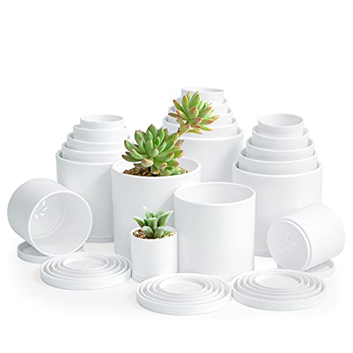 Pack of 20 Plastic Plant Pots (4 Set of 2 Inch, 2.5 Inch, 3 Inch, 3.5 Inch, 4 Inch) Small Garden Planter Pots for Plant with Drainage Holes and Saucers, White Color, 74-U-XS-1