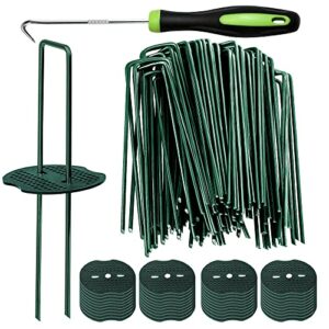 bakulyor 100pcs green artificial turf stakes staples + 100pcs buffer washer, 6 inch 11 gauge landscape staples, galvanized lawn spikes, heavy duty yard ground pin for grass weed barrier sod fabric