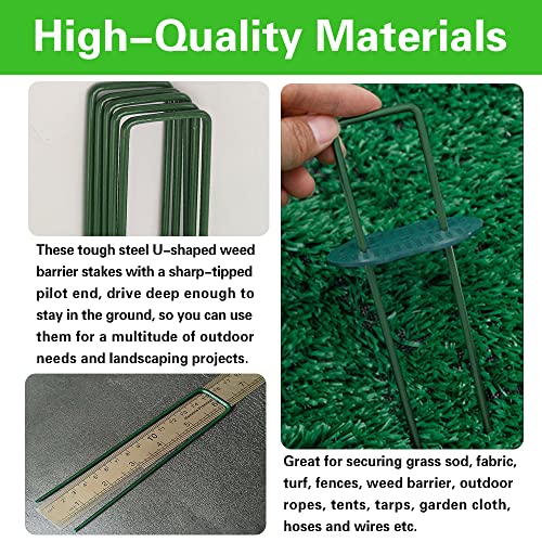 Bakulyor 100pcs Green Artificial Turf Stakes Staples + 100pcs Buffer Washer, 6 Inch 11 Gauge Landscape Staples, Galvanized Lawn Spikes, Heavy Duty Yard Ground Pin for Grass Weed Barrier Sod Fabric