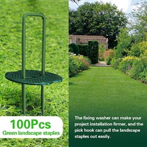 Bakulyor 100pcs Green Artificial Turf Stakes Staples + 100pcs Buffer Washer, 6 Inch 11 Gauge Landscape Staples, Galvanized Lawn Spikes, Heavy Duty Yard Ground Pin for Grass Weed Barrier Sod Fabric