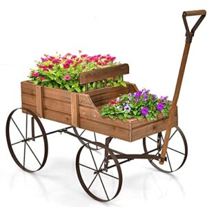 giantex decorative garden planter, small wagon cart with metal wheels, wood raised beds plant pot stand for backyard garden patio 24.5″x13.5″x24″ (natural)