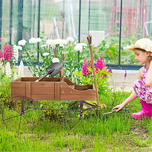 Giantex Decorative Garden Planter, Small Wagon Cart with Metal Wheels, Wood Raised Beds Plant Pot Stand for Backyard Garden Patio 24.5"x13.5"x24" (Natural)