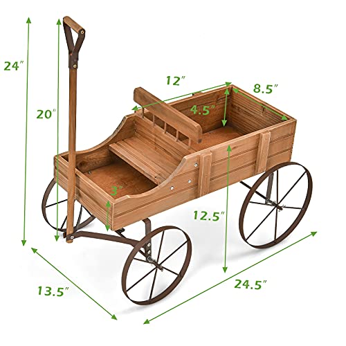 Giantex Decorative Garden Planter, Small Wagon Cart with Metal Wheels, Wood Raised Beds Plant Pot Stand for Backyard Garden Patio 24.5"x13.5"x24" (Natural)